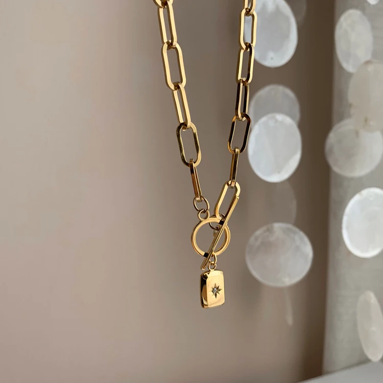 18K Gold Plated Stainless Steel Paperclip Chain Star Pendant Diamond Necklace Bracelet Women