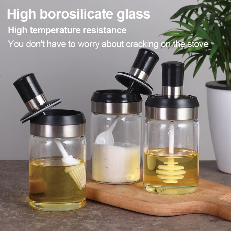 2 In 1 Spice Jar Seasoning Oil Dispenser Honey Bottle Container Set Salt and Pepper Shakers with Brush Spoon Honey Stick