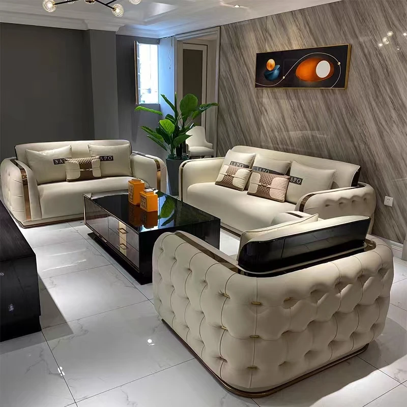 Italian modern luxury art Style leather sofa Set villa Living Room Modern Furniture Leather 1+2+3 sectional grey leather sofa