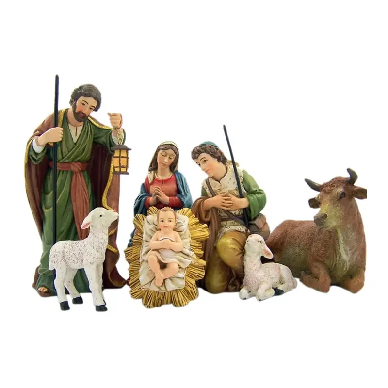 Resin Crafts Christmas Tabletop Decoration Polyresin Nativity Scene Figurine Sets with Poinsettias