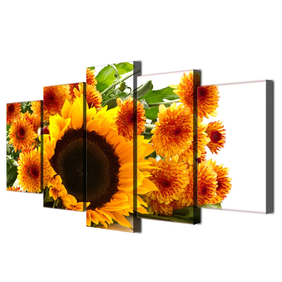 Modern HD Printed Painting Flowers Canvas Home Decor 5 Panel Yellow Sunflower Landscape Poster Modular Wall Picture