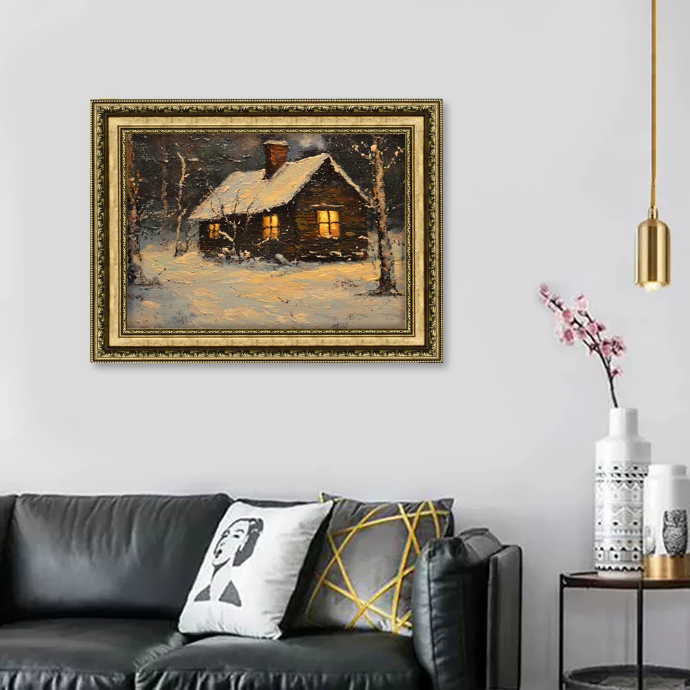 Vintage Ornate Gold Framed Landscape Painting Handpainted Oil Wall Art for Living Room Retro Style Farmhouse Art Bedroom