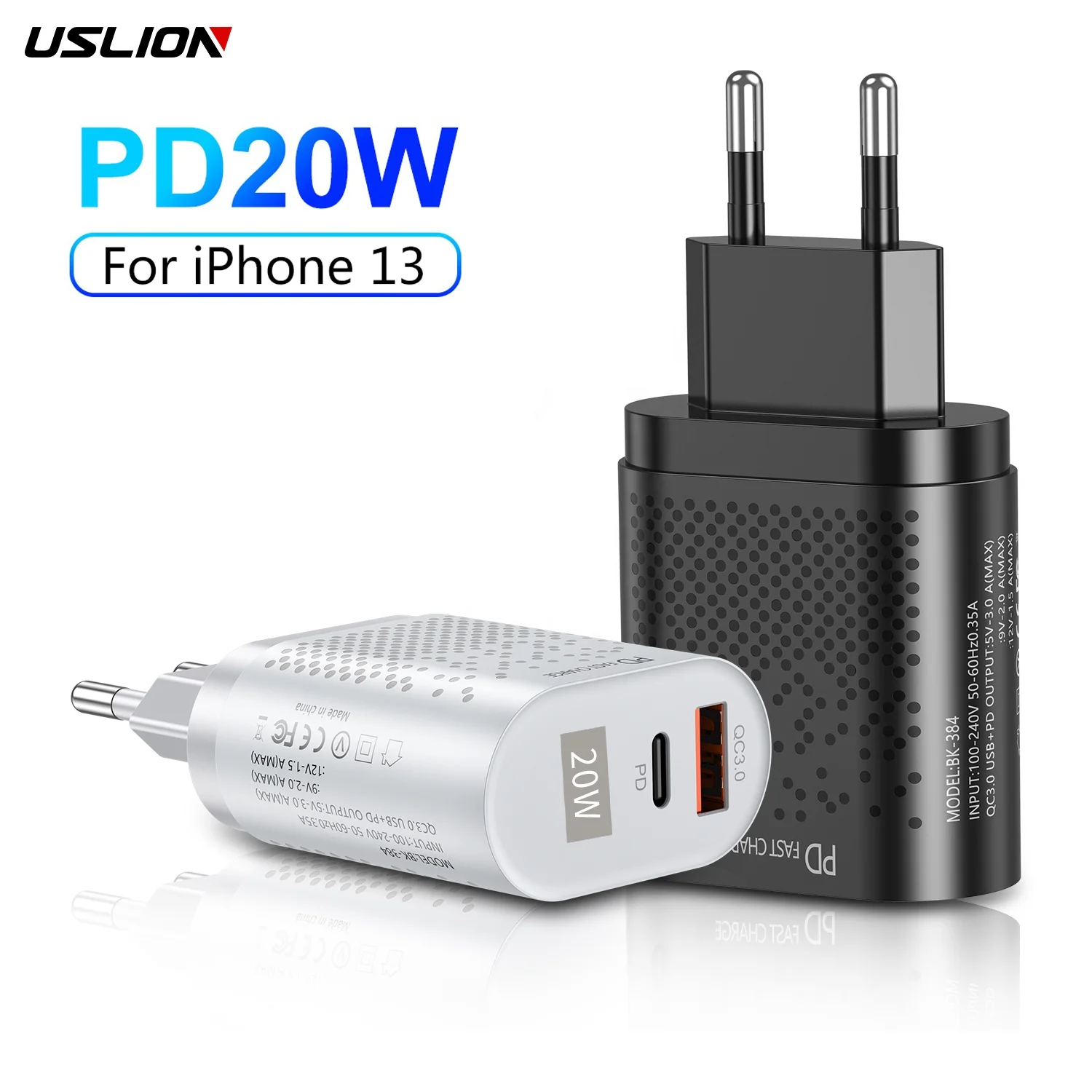 USLION 20W Quick USB Charger QC3.0 Type-c PD Fast Charging EU US Plug Adapter Wall Mobile Phone Charger For iPhone 13 forSamsung