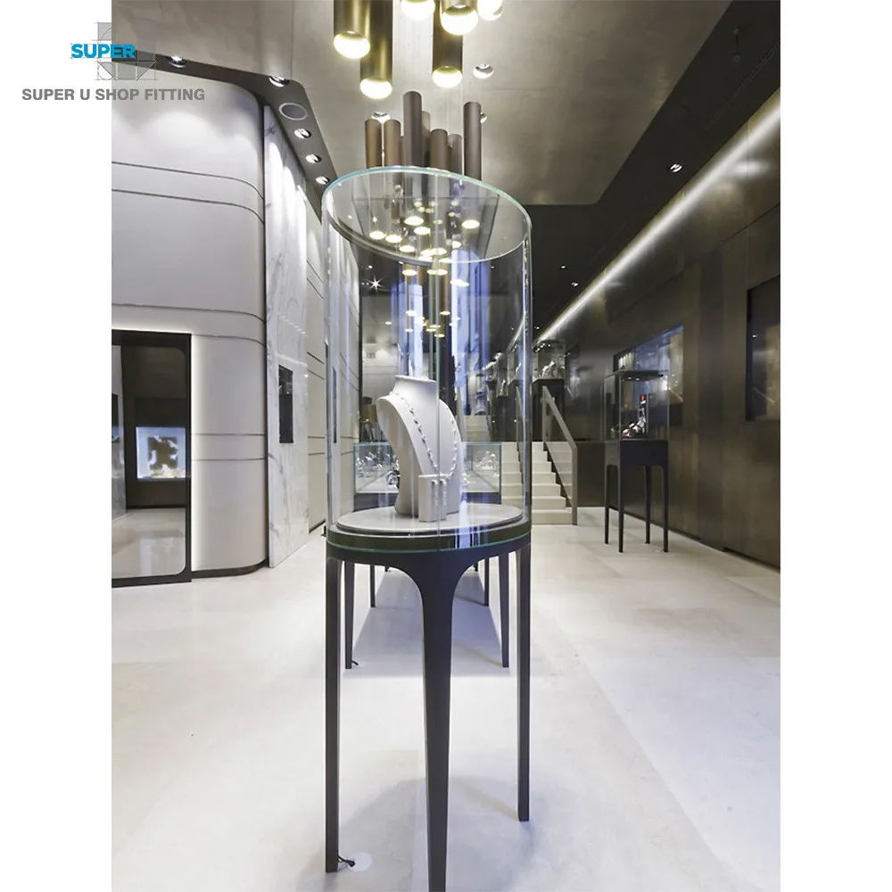 Jewellery Store Pop Up Display Custom Glass Round Pedestal Cabinet Lockable Vitrine Jewelry Showcase Display with LED Light