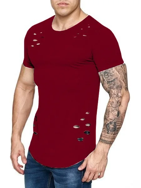 Wholesale Distressed T Shirt Scoop Neck T Shirt For Men Tees Hipster Baggy Short Sleeve T Shirts Custom