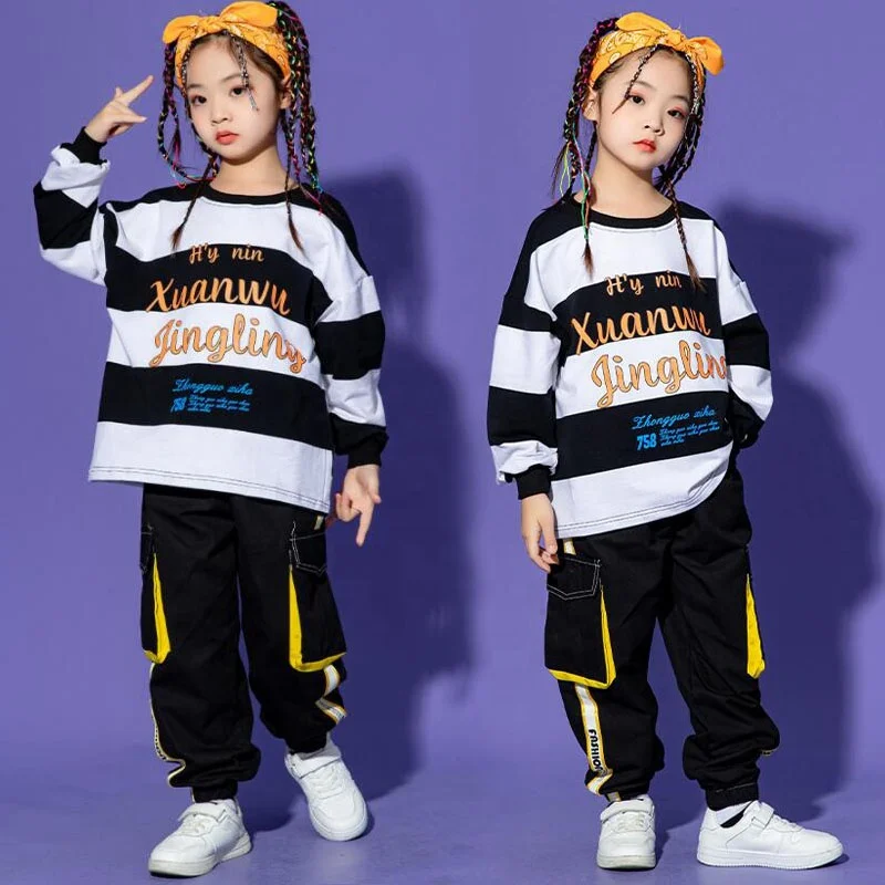 Kids Kpop Teen Hip Hop Clothing Stripe Sweatshirt Tops Cargo Pants Streetwear For Girl Boy Jazz Dance Costume Showing Clothes