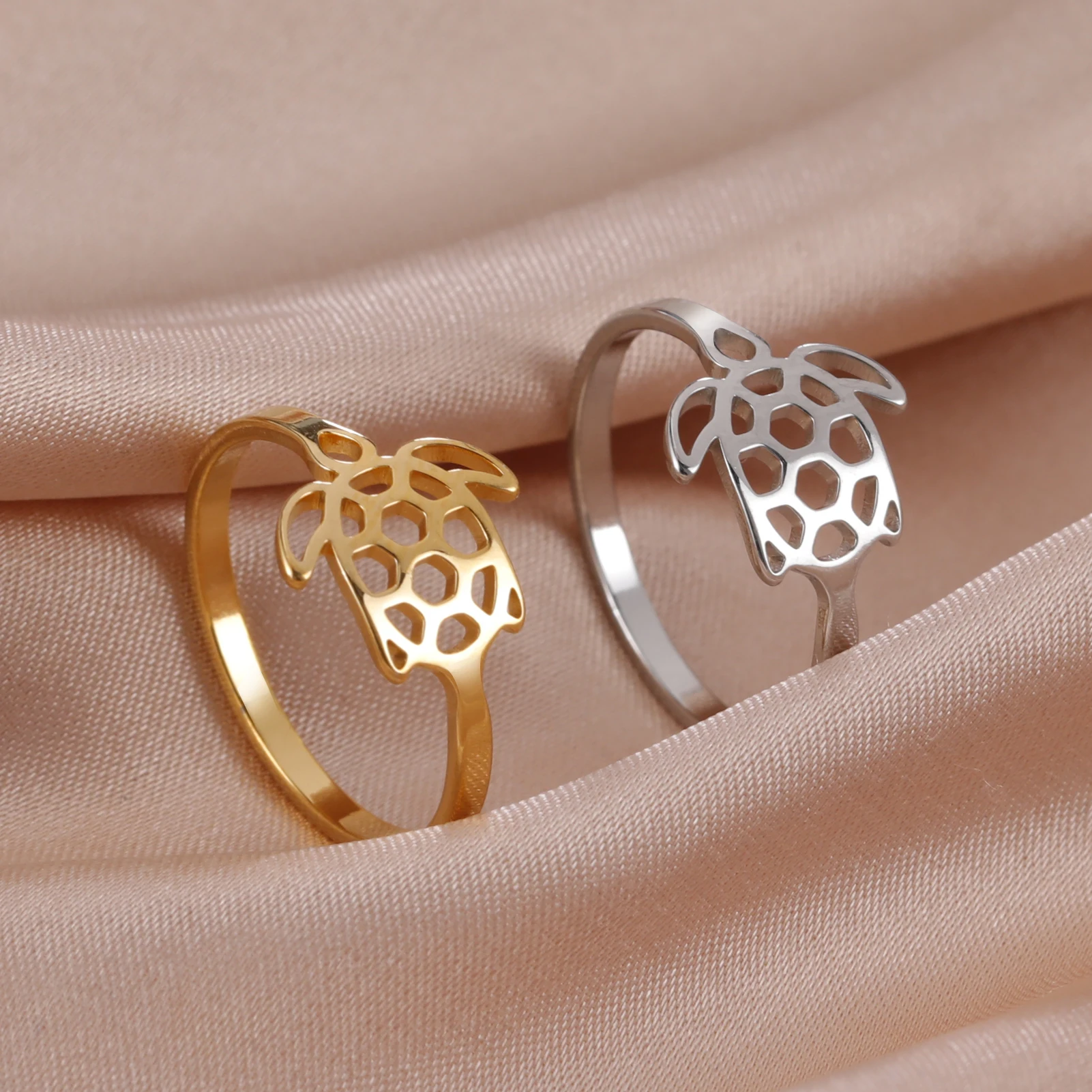 Trendy Stainless Steel Turtle Pattern Ring Real 18k Gold Plated Animal Ring Gold Custom Animal Rings
