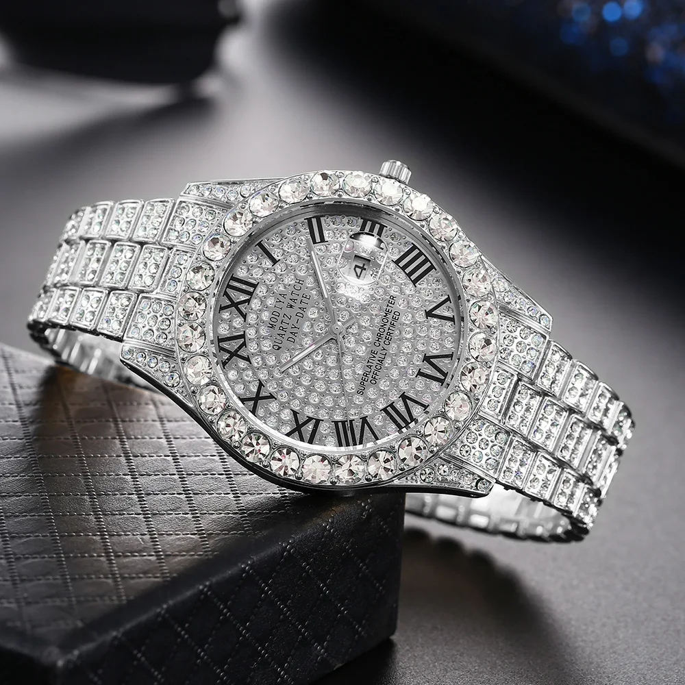 Unisex full diamond silver plated watch cheap men and women bling dial quartz wrist watch