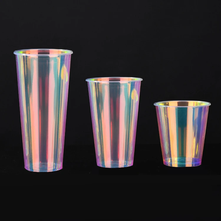 Wholesale Bubble Milk Tea Coffee Cup Custom Logo Disposable IML Rainbow Plastic Juice Cups With Lid