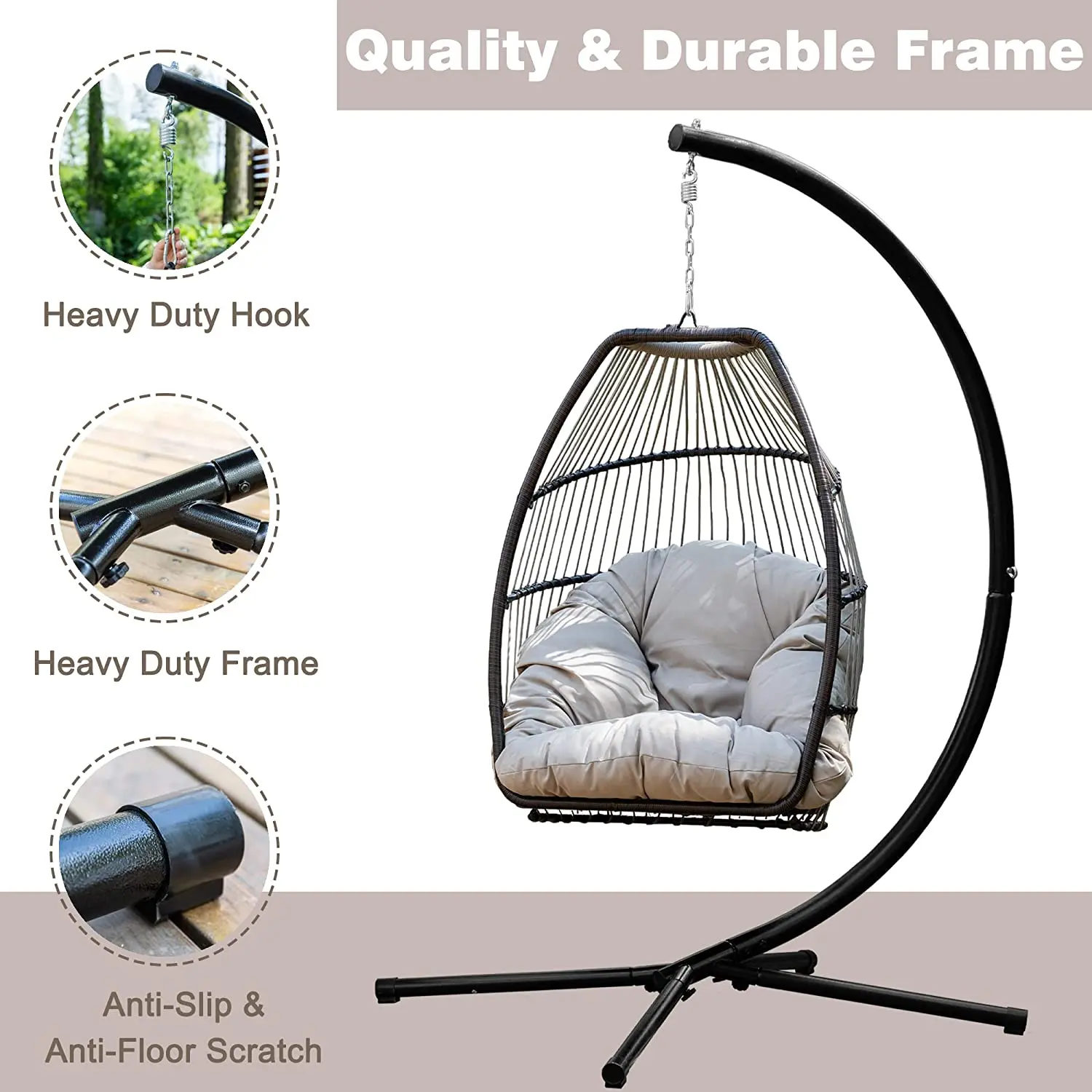 Outdoor furniture garden PE rattan metal stand rattan patio removable hanging egg swing chair