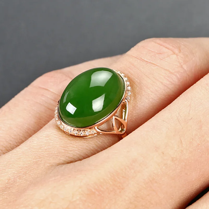 Oval Egg Surface Imitation Hotan Jade Ring Plated With 18K Rose Gold Jasper Open Rings