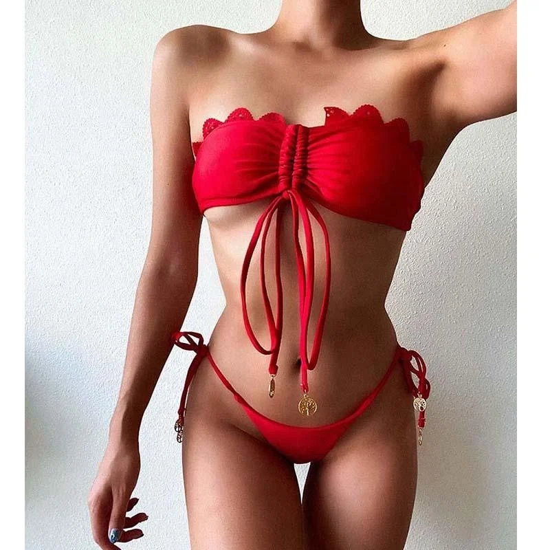 
 FFZ19203 Красный бандо 2021 Купальник бандо спереди застежка Бикини Yed для вечеринки  