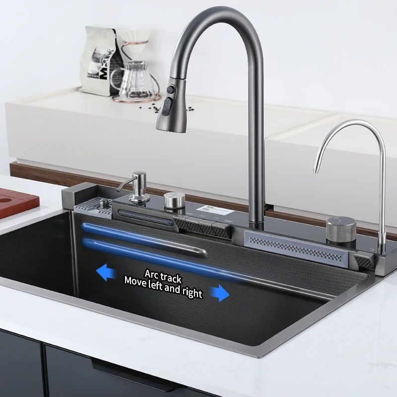 Tiktok New Trend One Piece 2 Waterfall Faucet Smart Stainless Steel Single Slot Bionic Honeycomb Black Kitchen Sink