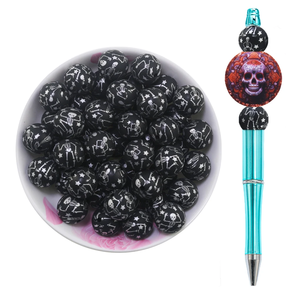 2024 New Arrival Custom Beads Printed Star Skull Halloween Silicon Round Beads For Pens Lanyard 15mm Silicone Beads For Pacifier