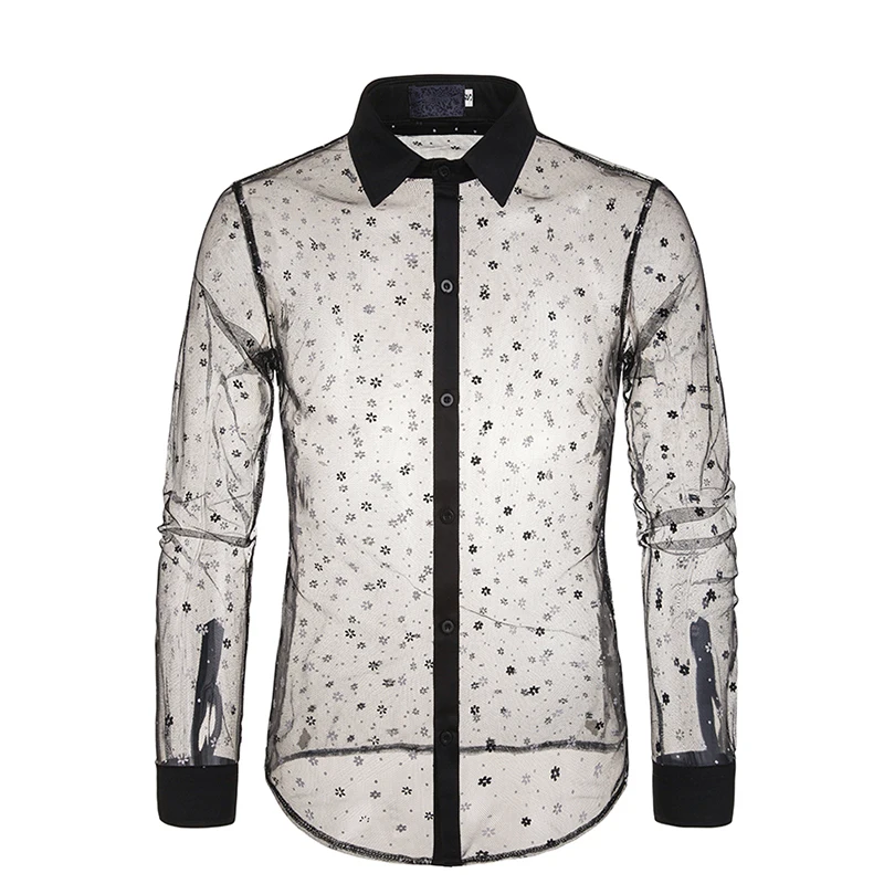 New Casual Fashion Stage Shirt Lace Transparent Snowflake Long-sleeved Shirt Mens Sexy Transparent Mesh Shirt