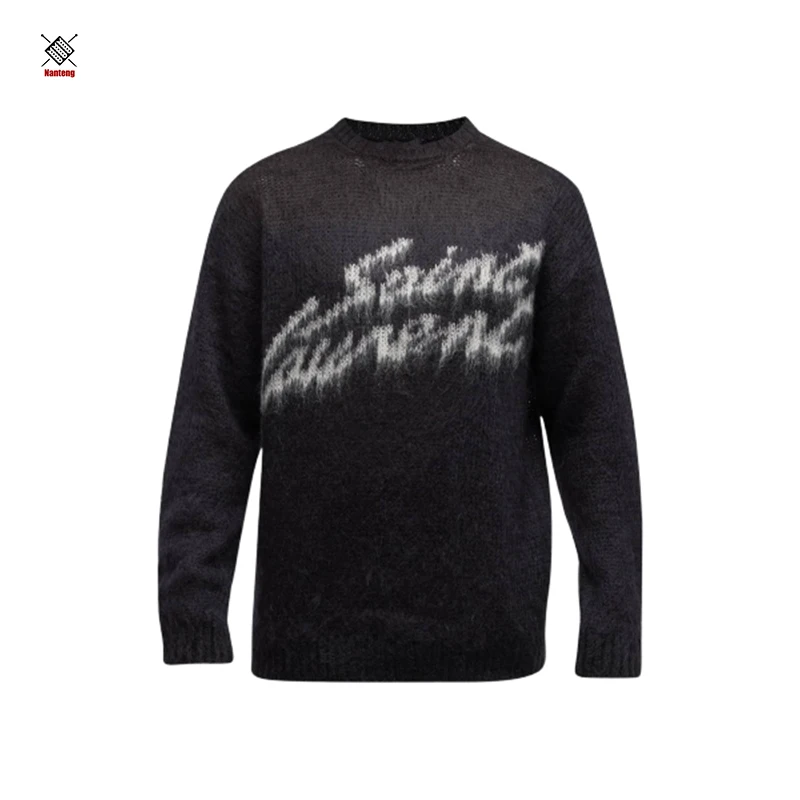 Nanteng Custom Logo Oem Popular Mohair Woll Design Casual Crew Neck For Knit Fuzzy Blend Jacquard Men Pullover Sweater