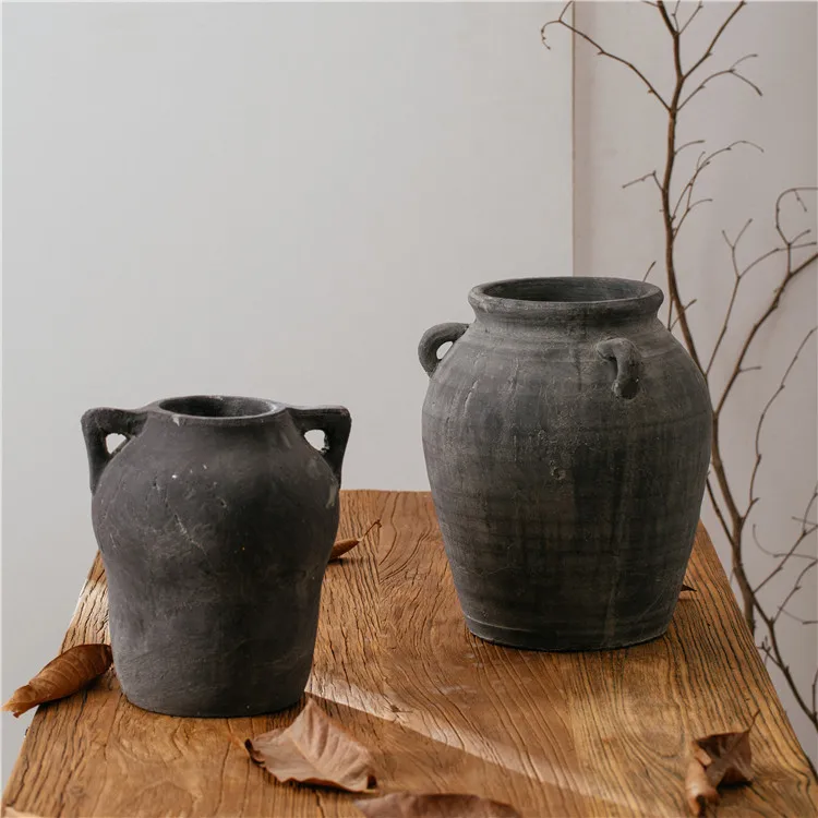 Vintage grey luxury indoor outdoor decoration hand made terracotta round pottery large vase antique vases for decor