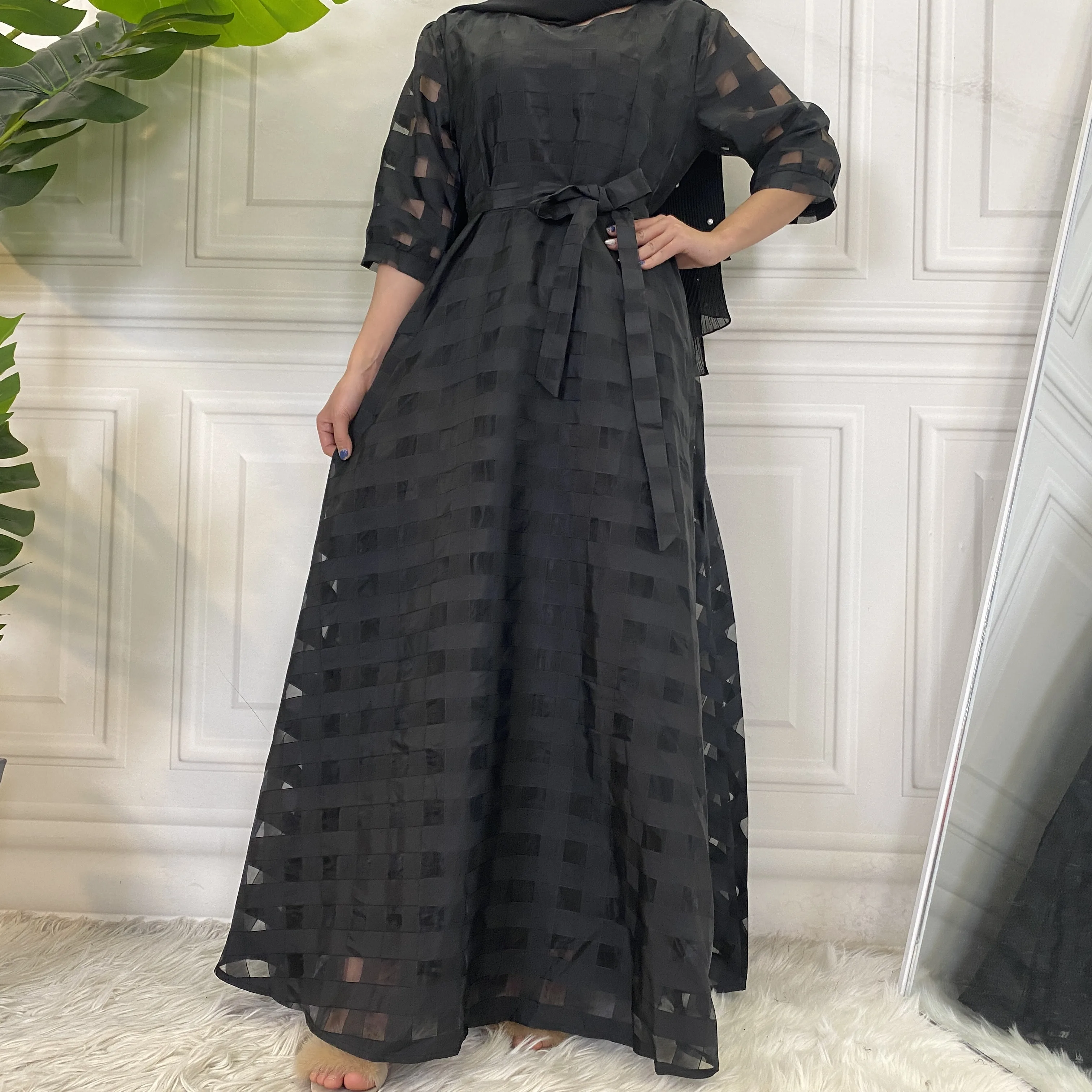 9065# Summer Black Organza Grid Style Short Sleeve Dress Modest Fashion Long Dresses for Fat Women 7XL
