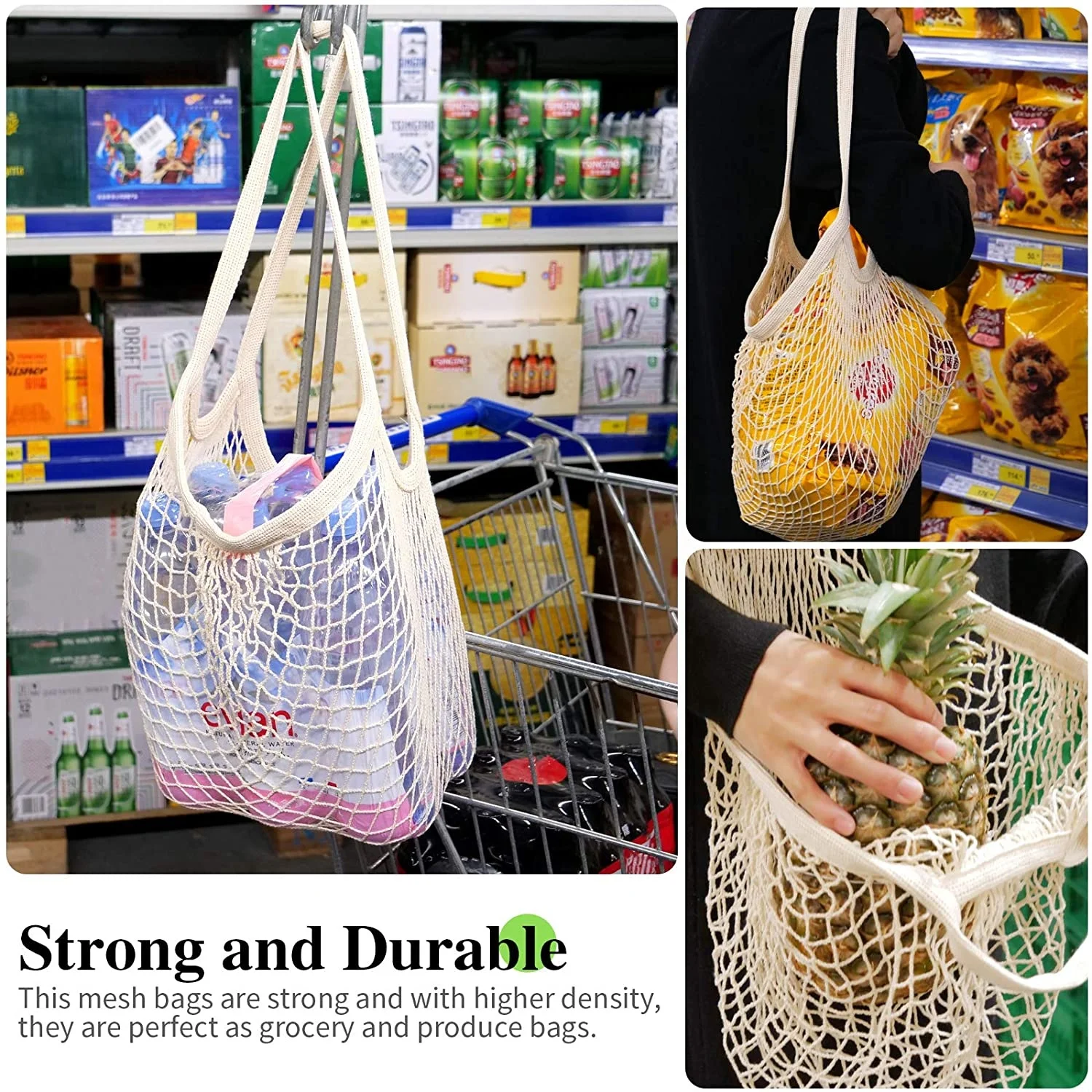 Reusable Mesh Grocery Bags Net Produce Bags Cotton String Chic Tote Shopping Bags with Sturdy Handle