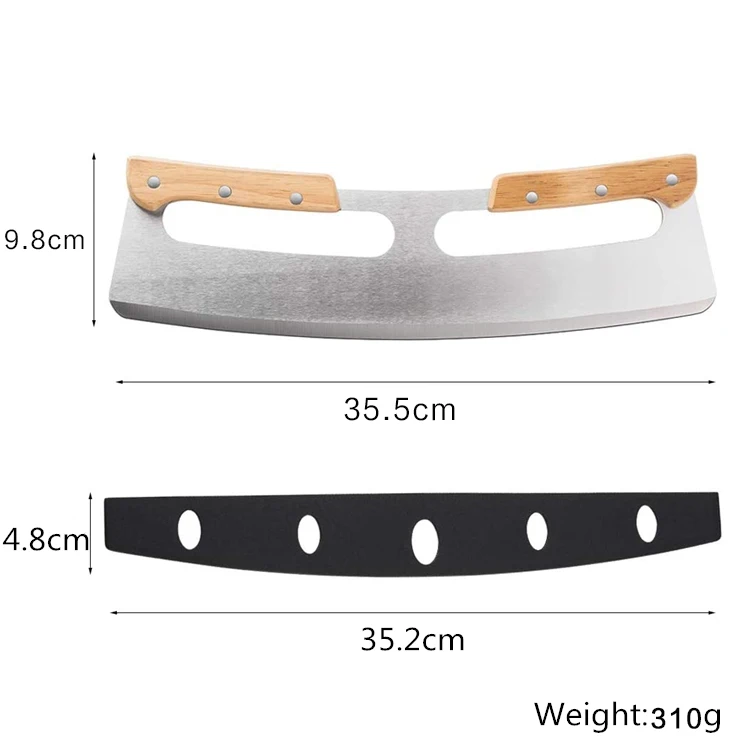 14inch Stainless Steel Sharp Pizza Slicer Knife Tool Pizza Cutter Wooden Arc Shape Double Wooden Handle Pizza Cutter Rocker