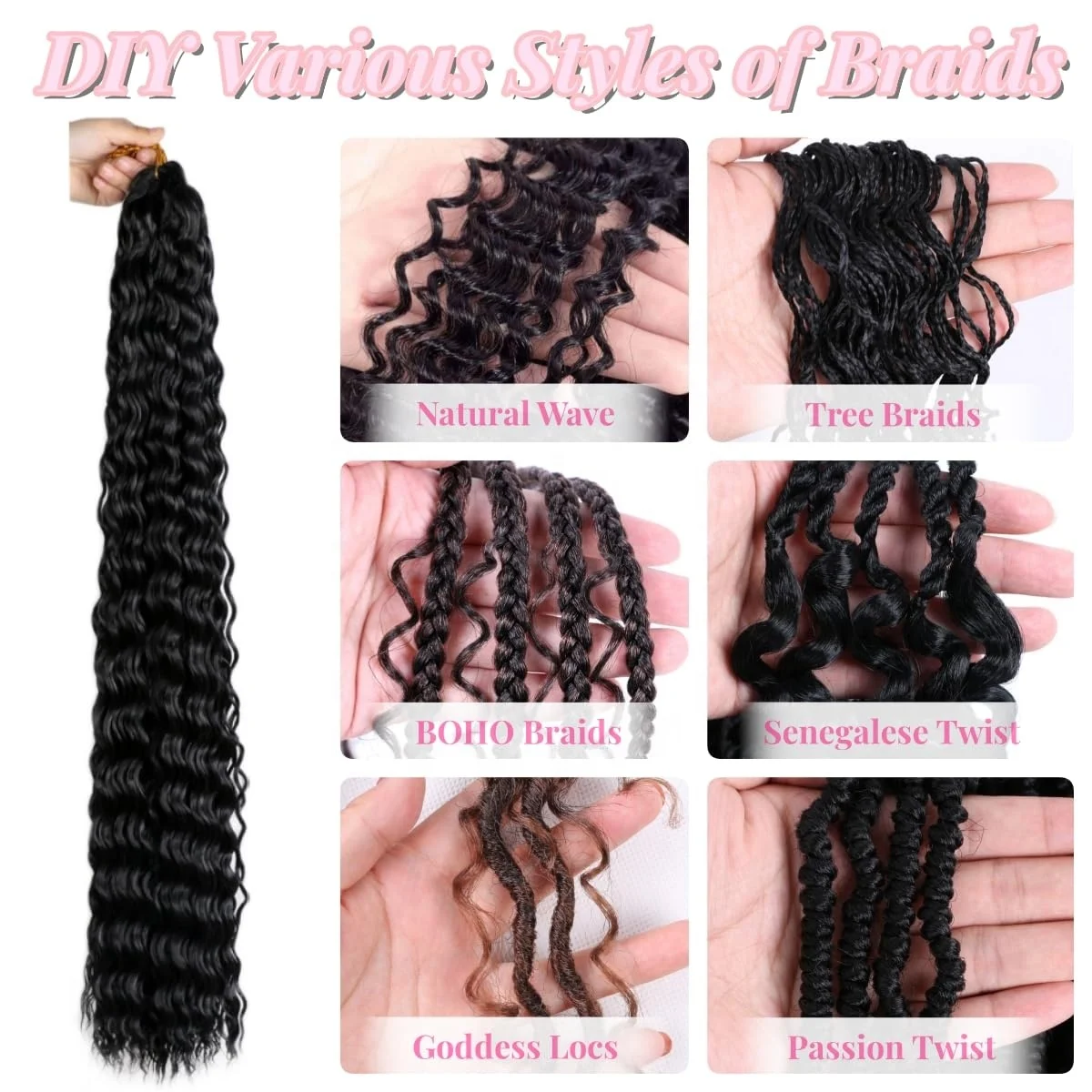 G&T Ocean Wave Synthetic Crochet Hair Extensions for Black Women Deep Wave Curly Braiding Chemically Dyed Single Weft Wig