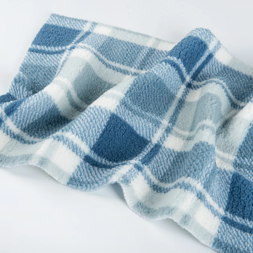 Hot Sale 100%  Polyester Check design sherpa fleece fabric back side brushed soft fine sherpa fabric for garments