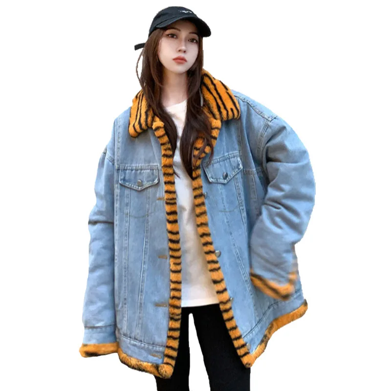 AIMINYZ Hot Sales New Winter And Autumn Fashion Brand Hip Hop Loose Style Plush Leopard Pattern Denim Collar Jean Plush Jacket