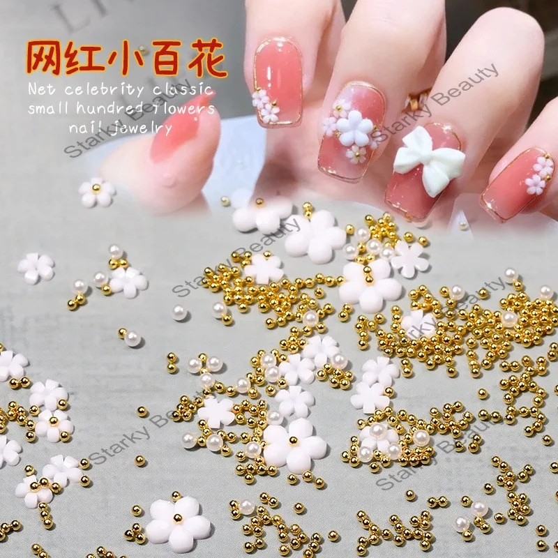 Hot selling nail art flower accessories 3D gold and silver beads mixed