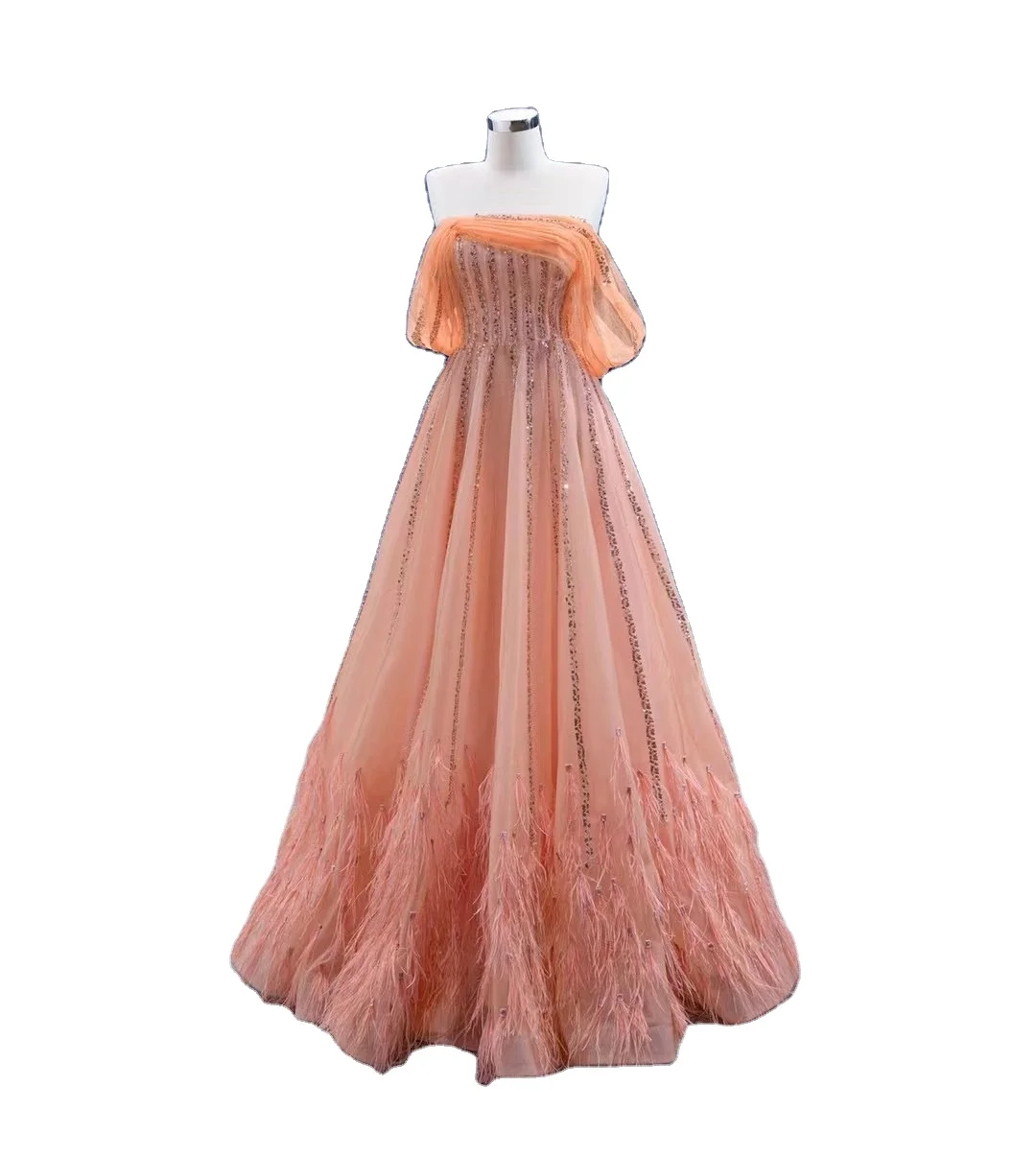 Feishiluo Boat Neck Off The Shoulder Lace Up Wedding Dress  Floor Length Ball Gown Orange Evening Dress