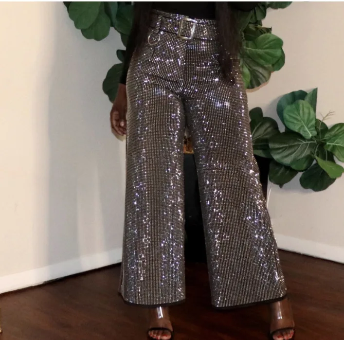 JL515 Women Beaded Sparkle Pants Trousers Ladies Women Clothes Bell Bottom Pants