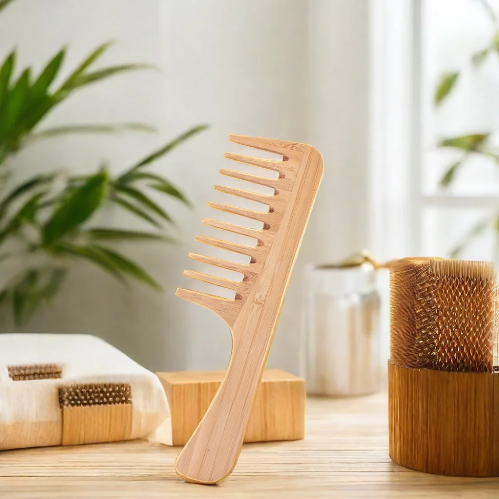 Wholesale Eco-friendly Wide Tooth Detangling Comb Custom Logo Bamboo Bristle Hair Brush with Wood Handle Salon Use Box Packaging