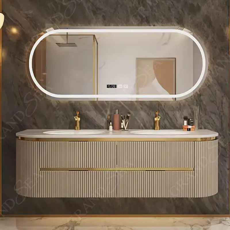Custom Modern Luxury Curved Wall Mounted Cabinet Bathroom Vanity With Sink Smart Led Mirror