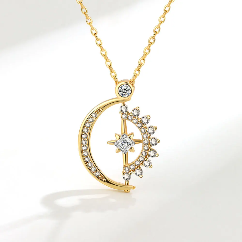 Hot Selling Anti Stress Spinner Fidget Necklaces Jewelry Crystal Spinning Anxiety Necklace Rotatable Zircon Moon Star Necklace