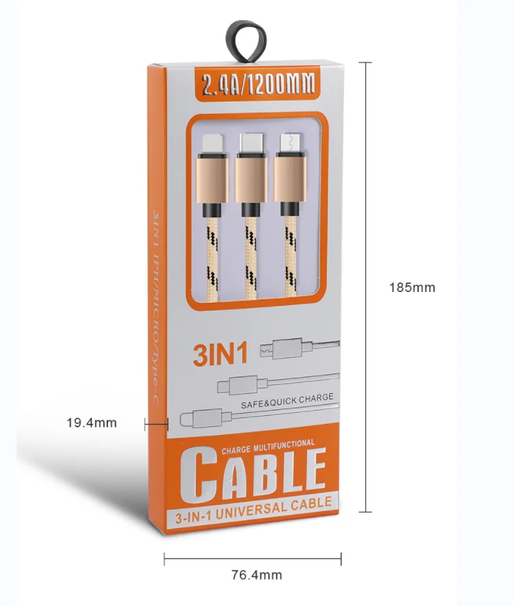 3 in 1 USB Cable IOS Android Smart Phone Travel Phone Cable 1200MM 2.4A Mobile Phone Fast Charging Braided Cable with Box