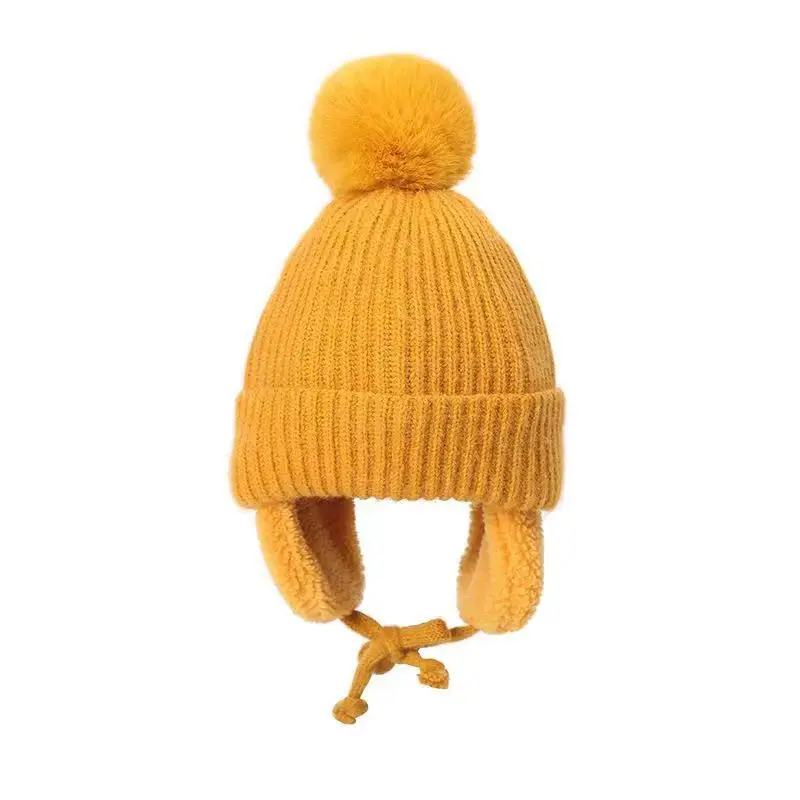 Ruimantike    Wholesale Cute Earflap Hat Beanie Cold Winter Child Kids Baby Knit Hat with Fur Pom Pom Ball