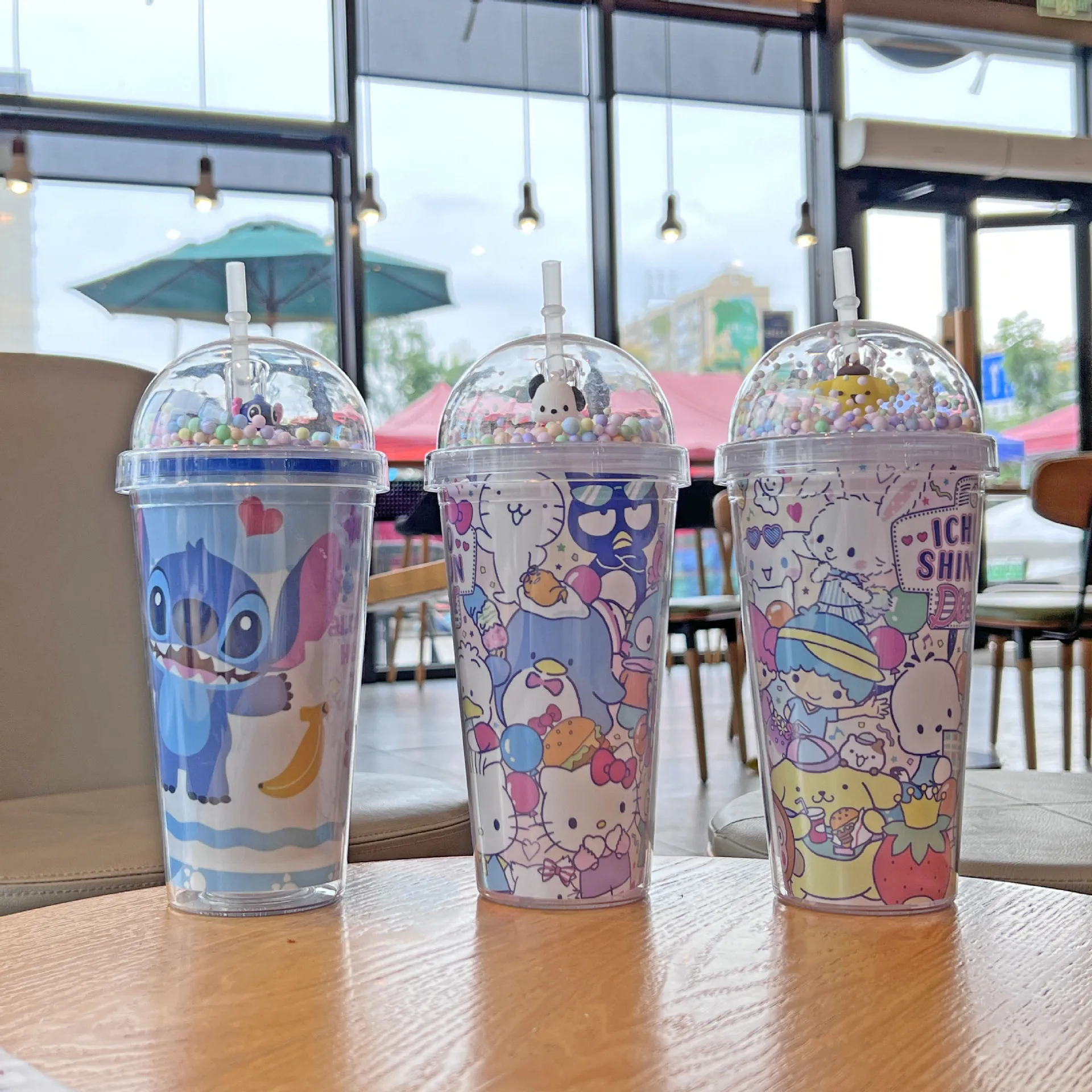Stitch plastic water cup with straw kids cartoon character drinking cups with straws