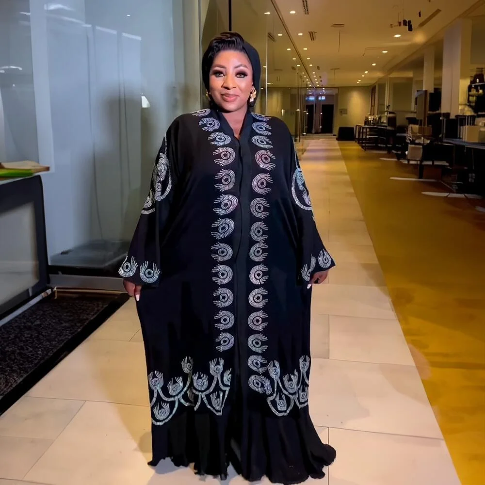Recommend african dresses Linen Abaya Luxury rhinestones Black Abaya V-neck with long sleeves Abaya Dress