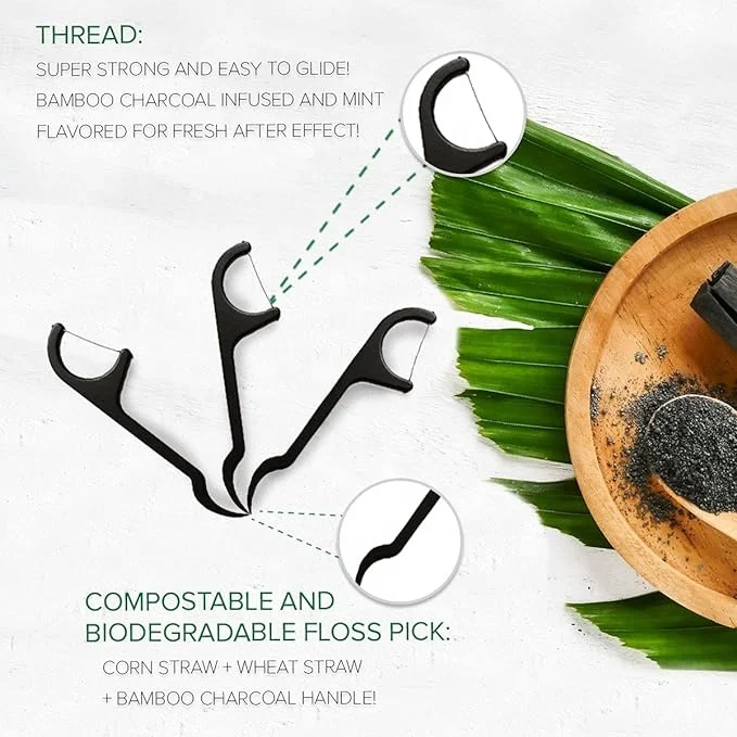 New custom packaging design dental floss picks toothpicks adults mint  eco-friendly material bamboo charcoal Protect oral health