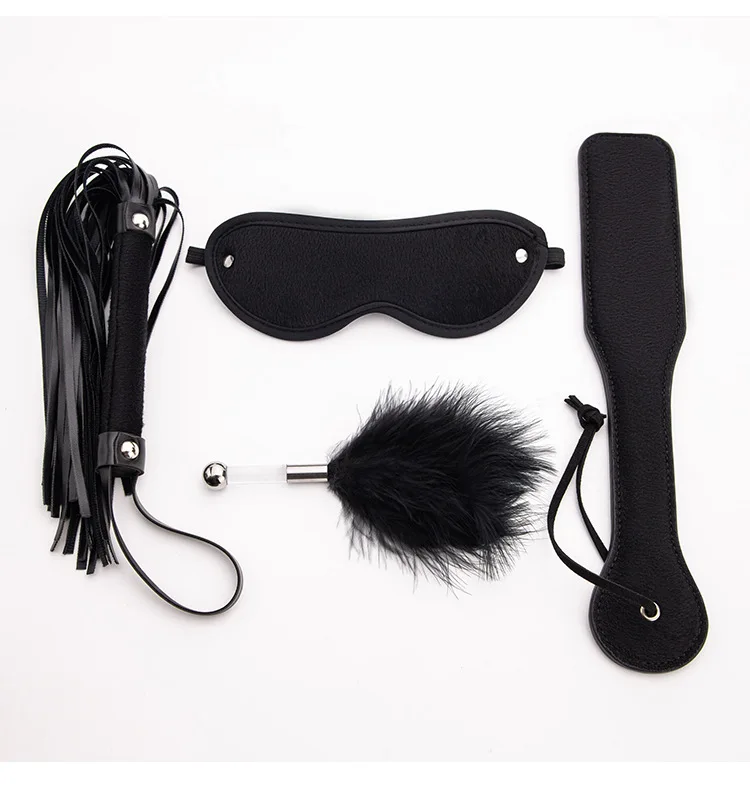 4pcs BDSM Faux Leather Training Kit: Flapping Paddle, Feather Teaser, SM Flogger, and Eye Mask for Sexy Flirting