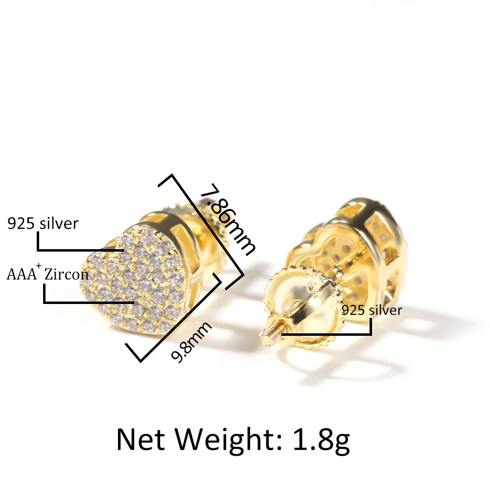2021 New Hip Hop Jewelry Heart Stud Earrings Iced Out Cz Cubic Zirconia 925 Sterling Silver