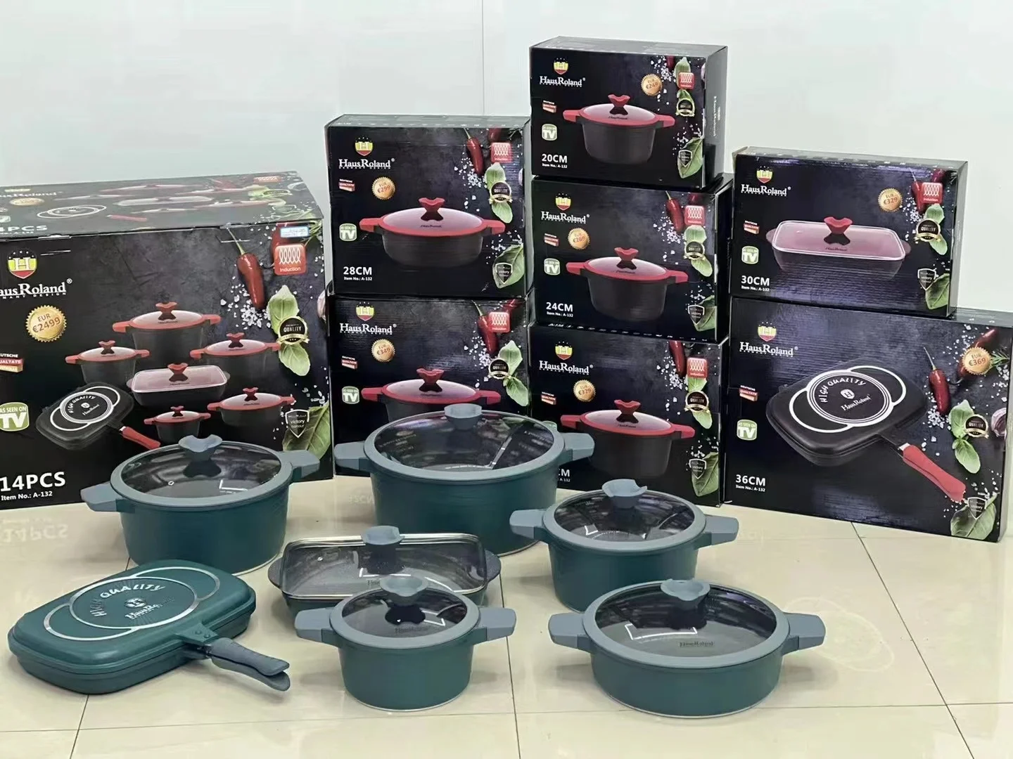 HausRoland 14 pcs Aluminium Die Casting Non stick Cookware Set Roasting Pans With Frying Pan