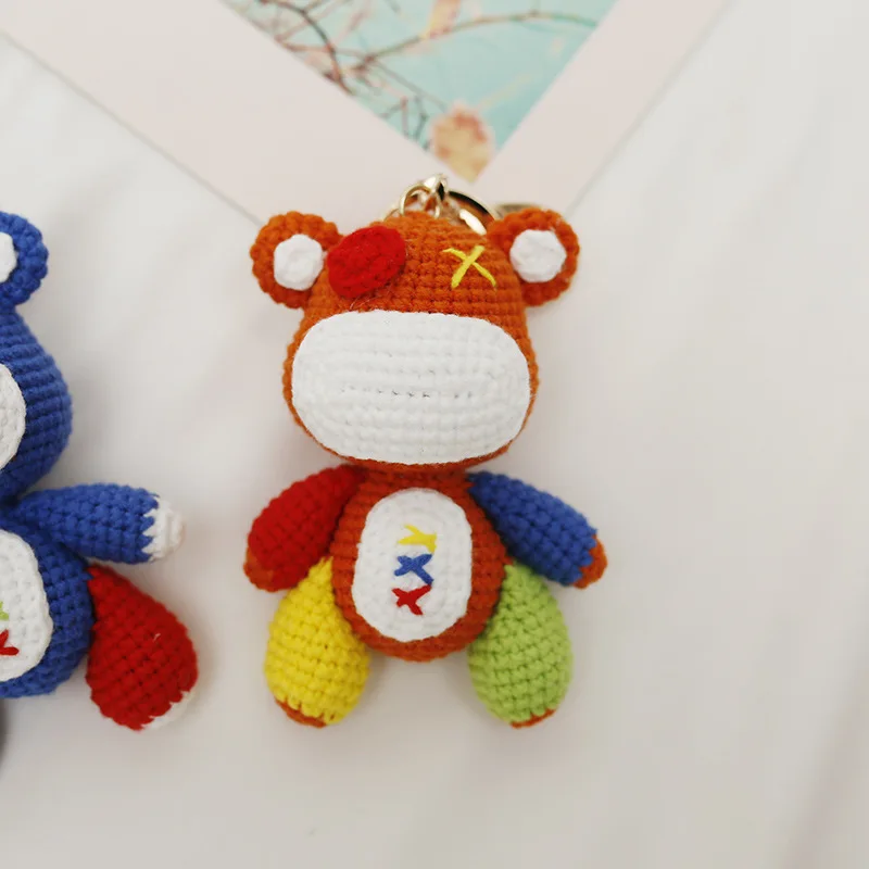 Knitted Animals Keychains Bear Stuffed Doll Car Hanging Pendant Stainless Steel Metal Anime Plush Keychains