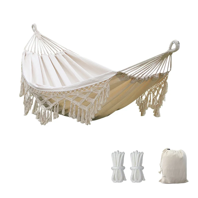 Double Swing Large Boho Camping Hanging Macrame Fringed Hammock for Patio Porch Garden Backyard Lounging Outdoor