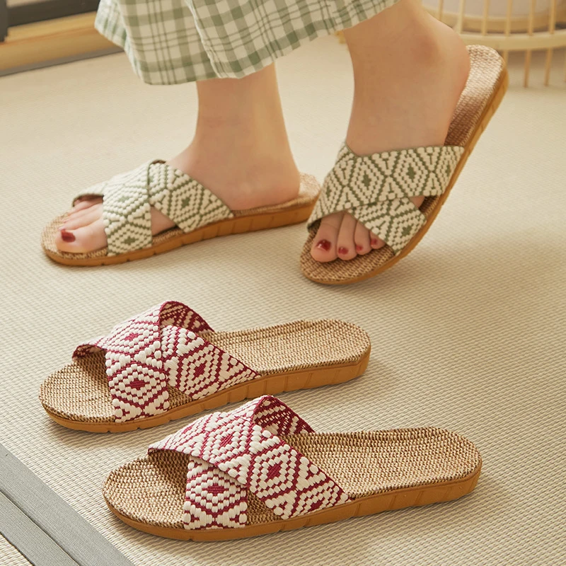 Unisex Indoor Hotel Hemp Slippers Summer Household Flax Light Weight Breathable Slides For Women