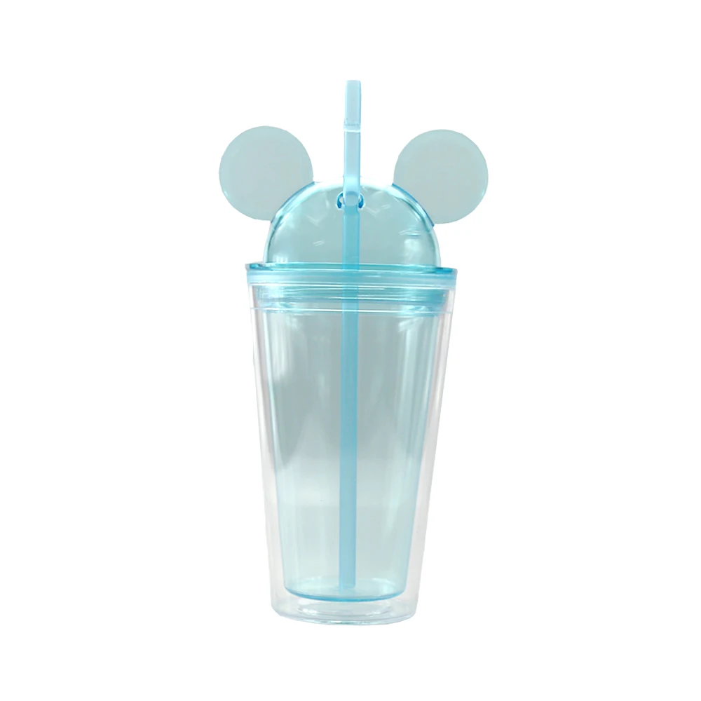 Wholesale Reusable Double Wall Acrylic Cup  Mouse Lid Plastic Straw Cute Bottle