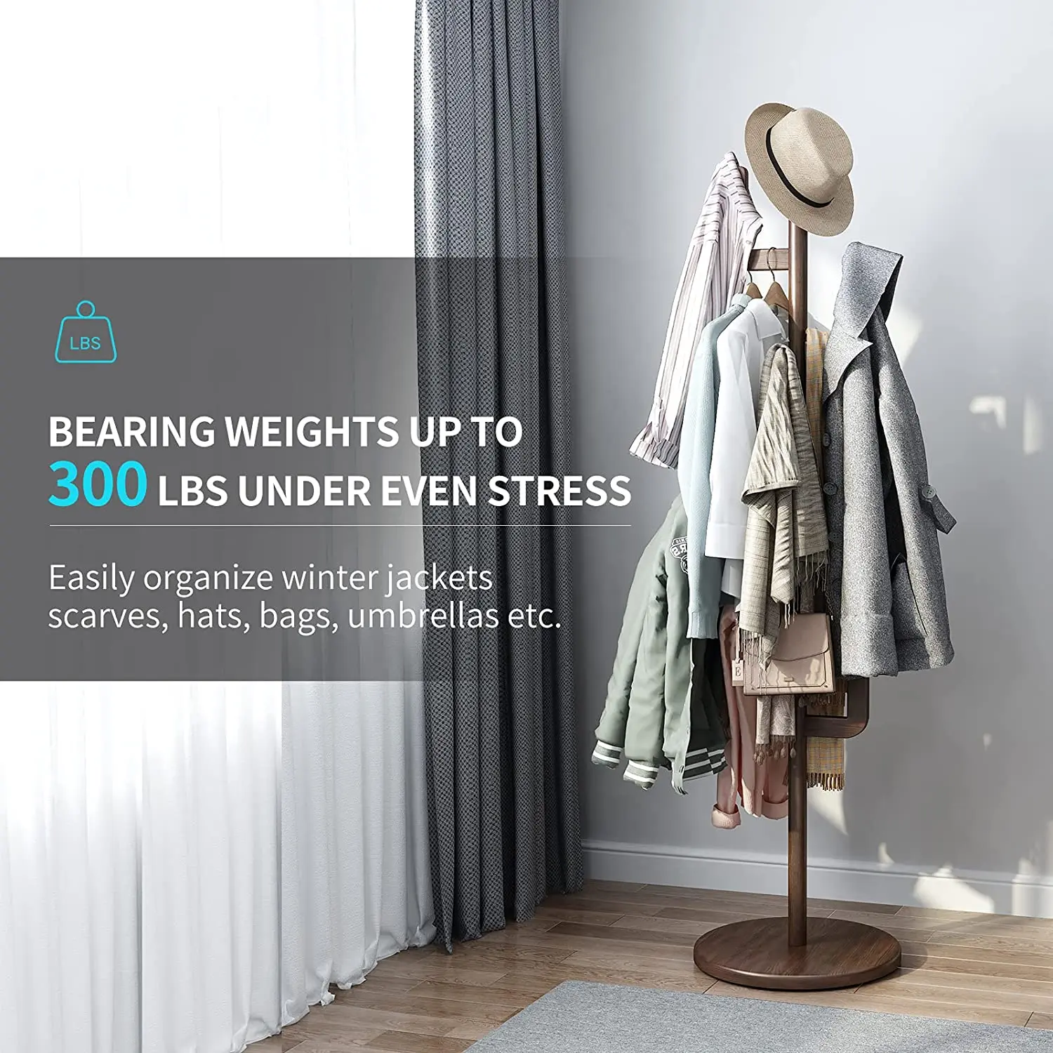 Hallway Entrance with 6 Hooks for Bedroom Office Clothes Jacket Purse Bag Cactus Shape Walnut Freestanding Coat Tree