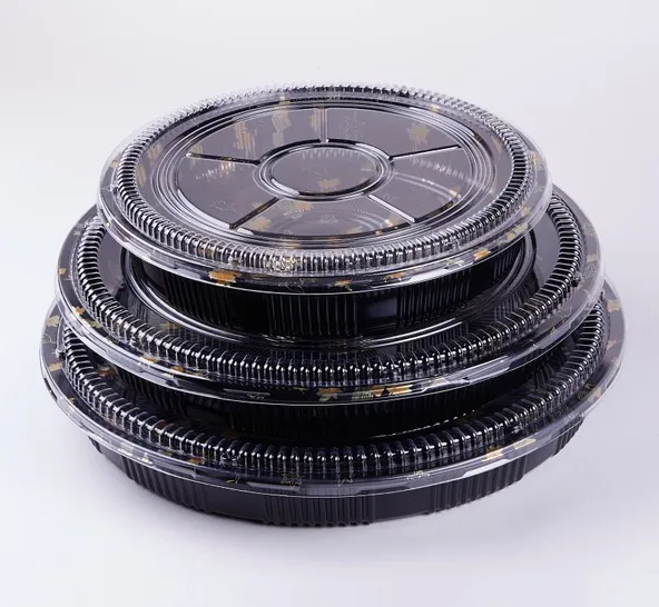 
Round japanese disposable packing takeaway tray fast food plastic circle platter container packaging party sushi trays with lid 