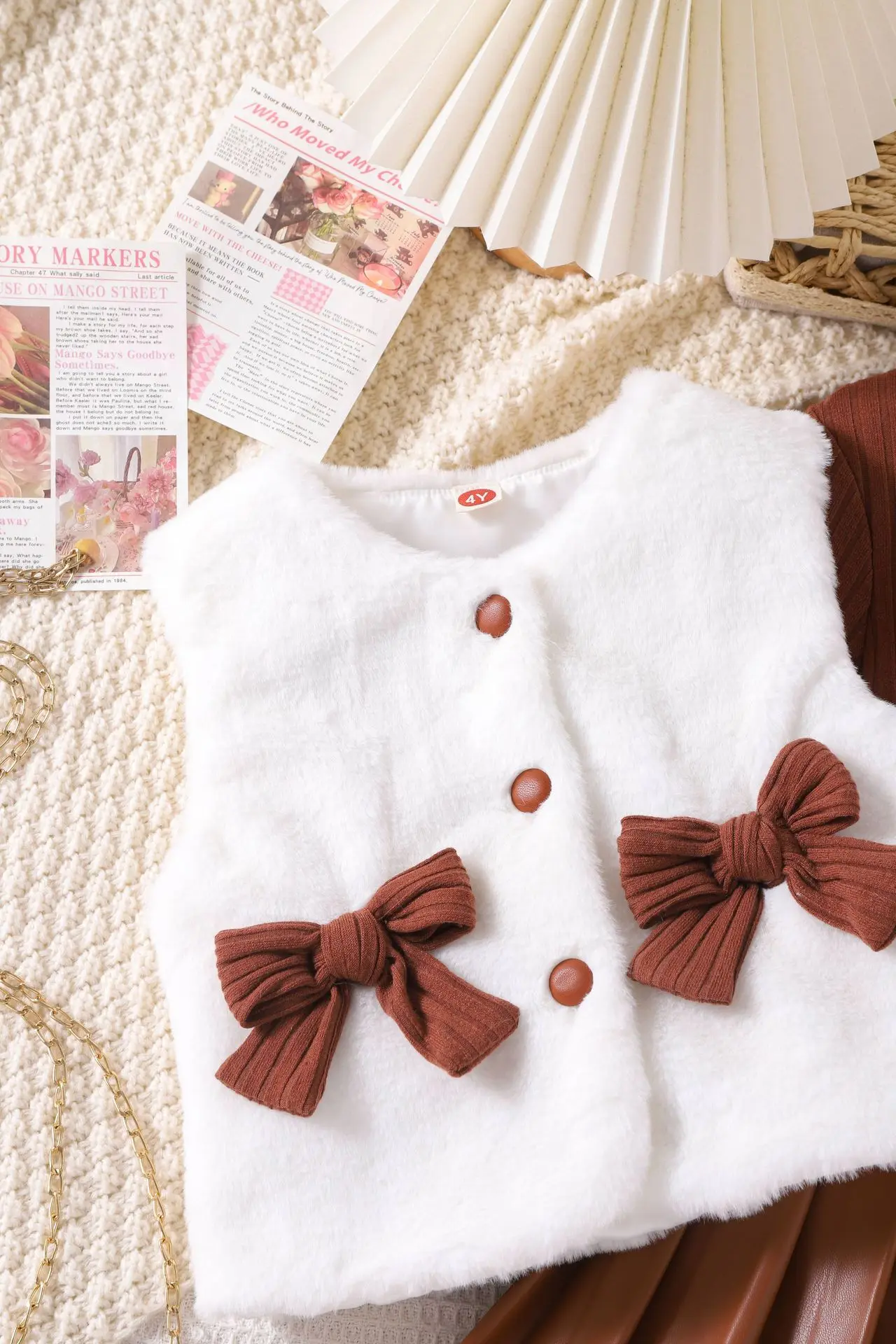 Hot sale Girls Autumn Winter Clothes Sets Kids Clothing Long Sleeved Top Pleated Short Skirt Furry Vest Bow   Children  Outfits