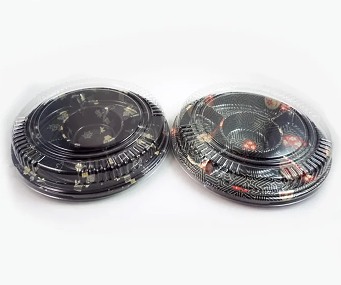 Disposable round plastic sushi tray container with lid