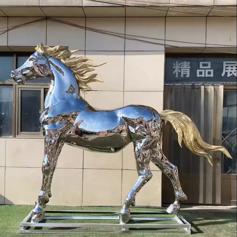 Custom Galloping Animal Polished Stainless Steel Statues Large Metal Garden Statues Life Size Metal Winged Horse Sculptures